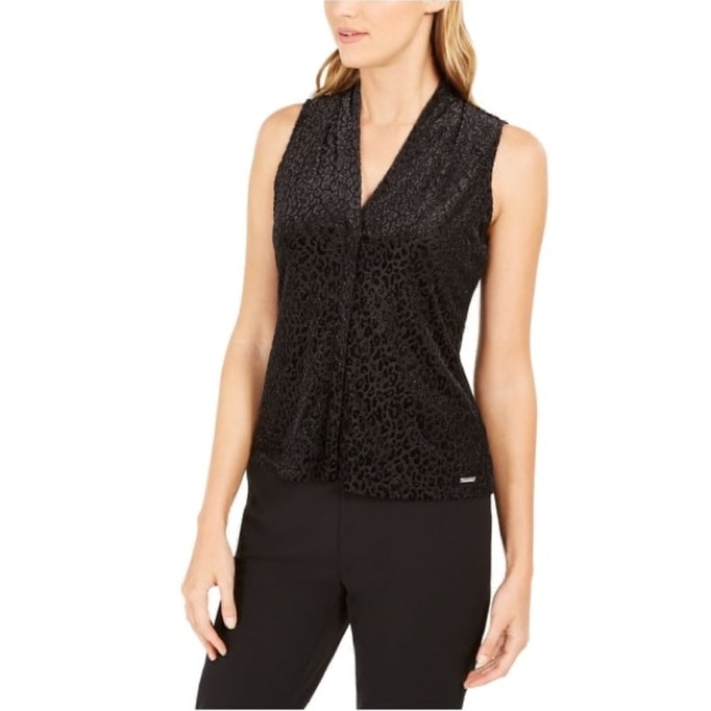 Calvin Klein Animal Print Textured Top Black Womens M NWT